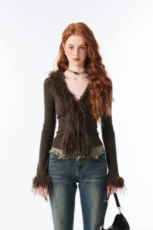LaceUp V Neck Plush Cardigan