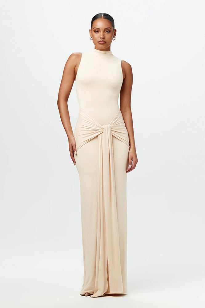 Solid Crew Neck Sleeveless Tie Bodycon Party Dress