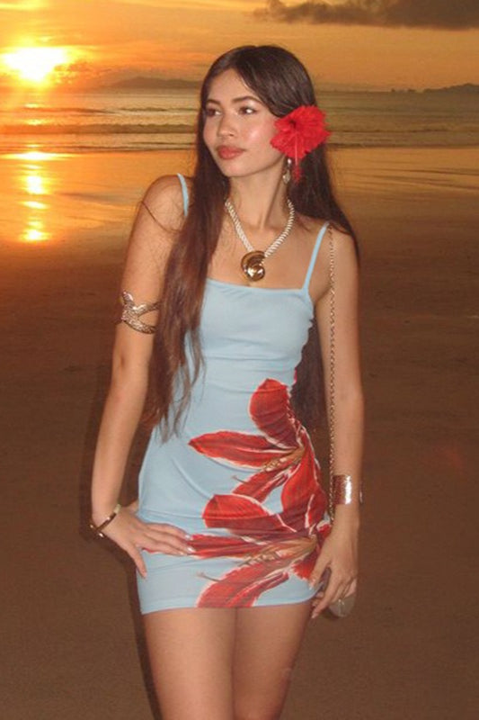 Tropical Floral Contrast Curve Hugging Slip Dress