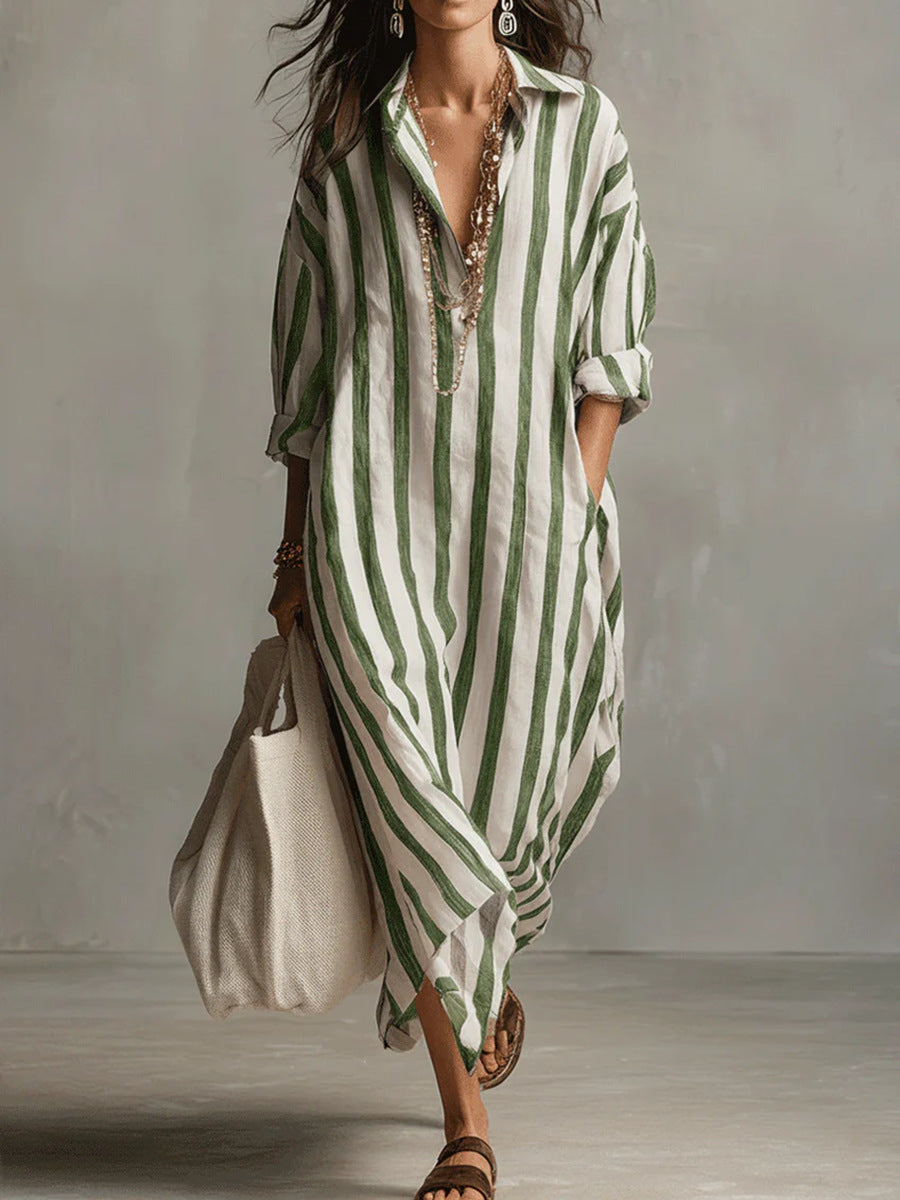 Collared Striped Long Sleeve Oversized Linen Shirt Maxi Dress 4