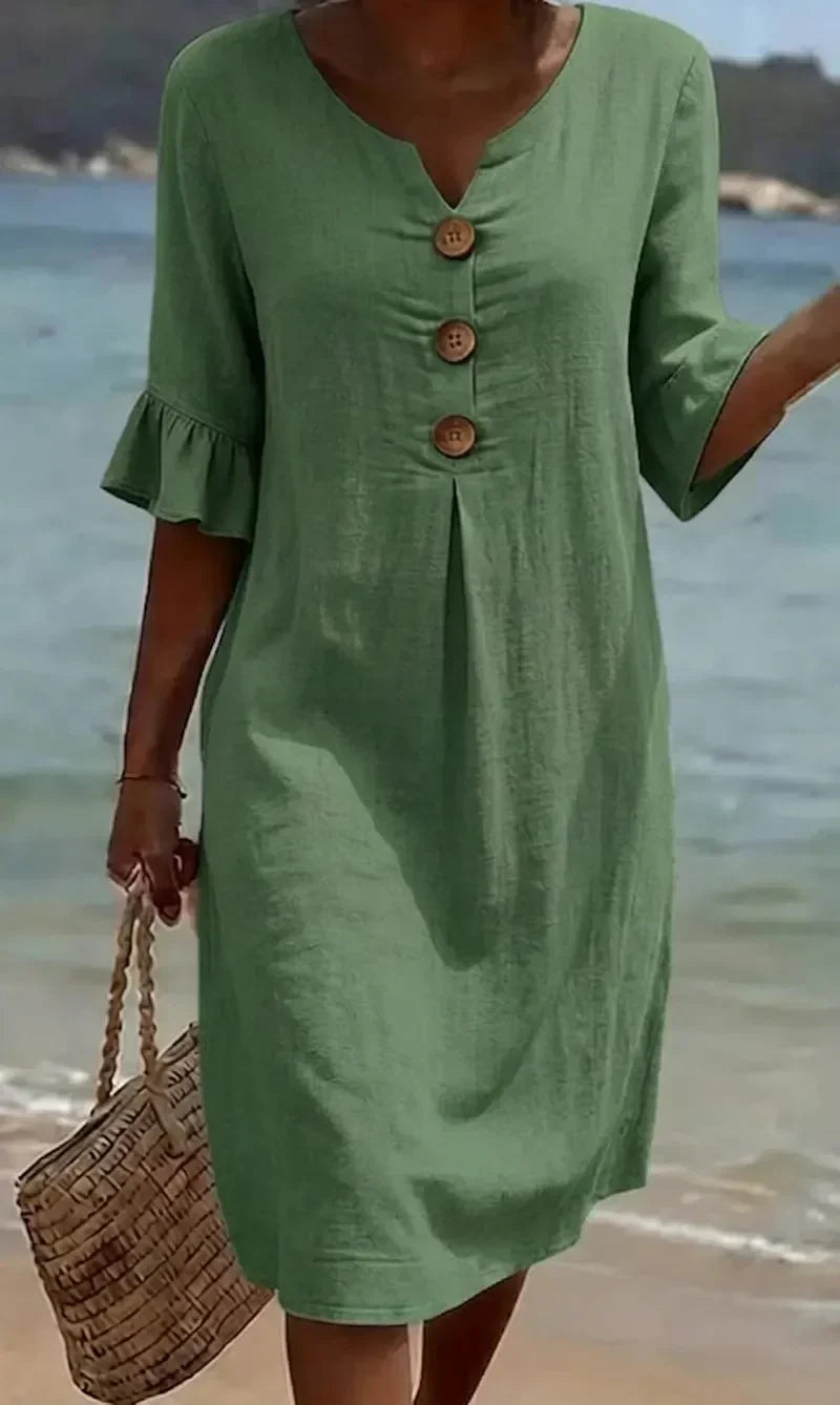 V-Neck Wooden Button Ruffle Sleeve Linen Shift Midi Dress 5
