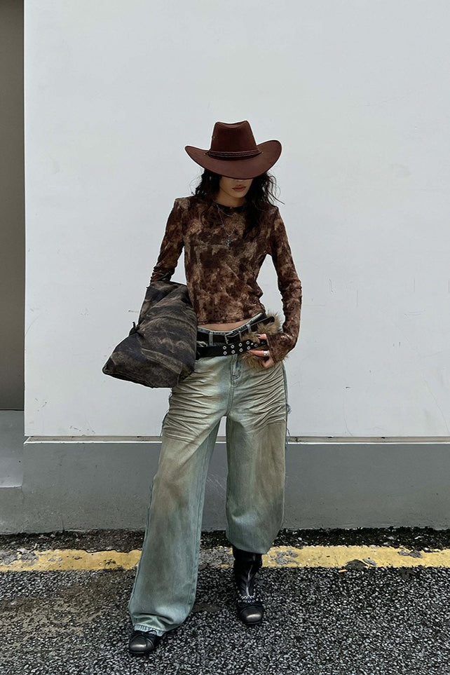 Leopard Print Flocked Slim Long-Sleeve Blouse