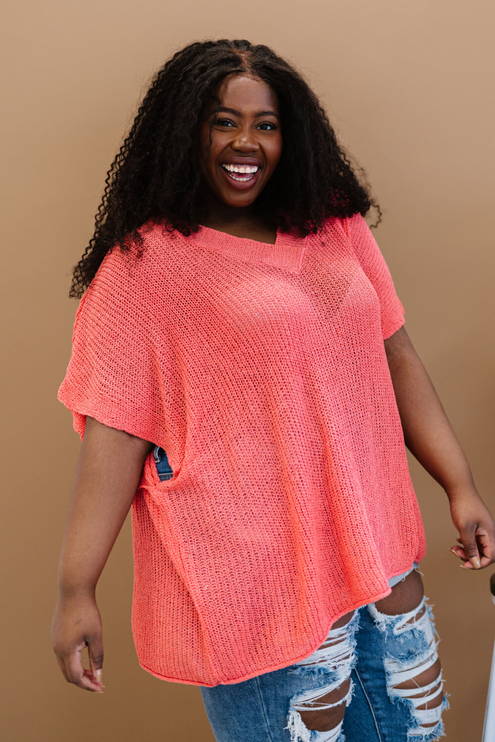 Deep Coral V-Neck Short Sleeve Openwork Loose Knit Sweater
