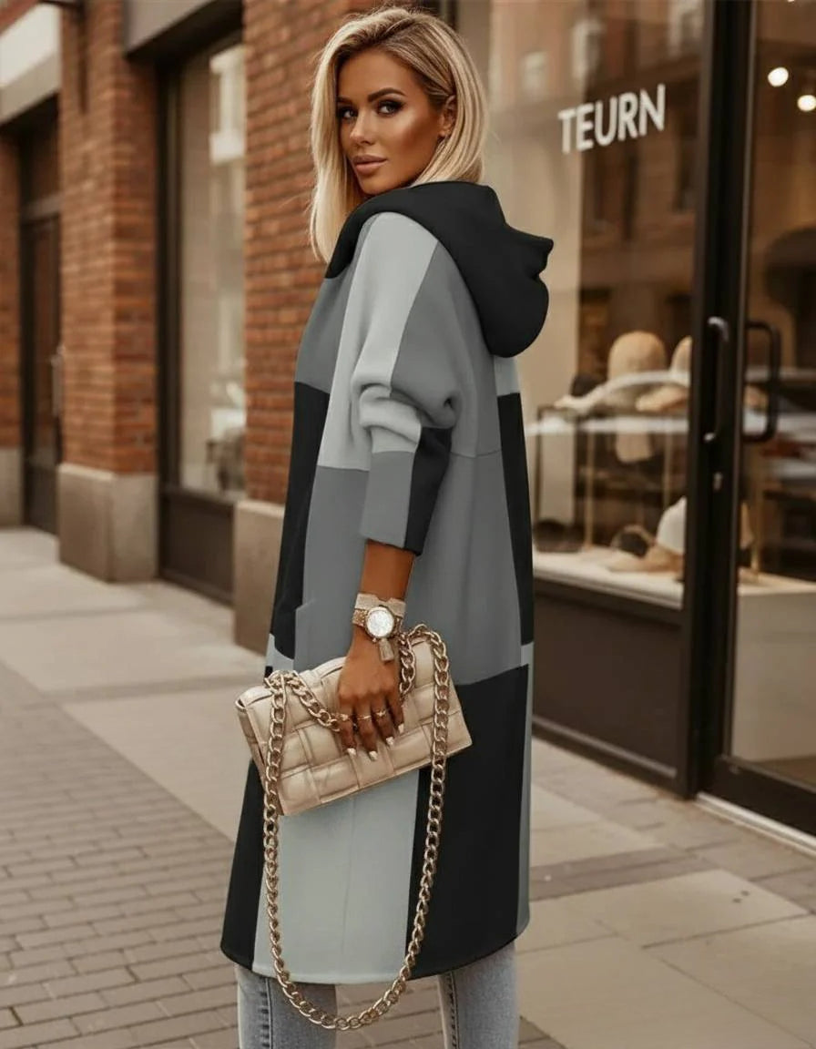 Fashion Geometric Print Long Sleeve Hooded Casual Loose Trench Stylish Coat