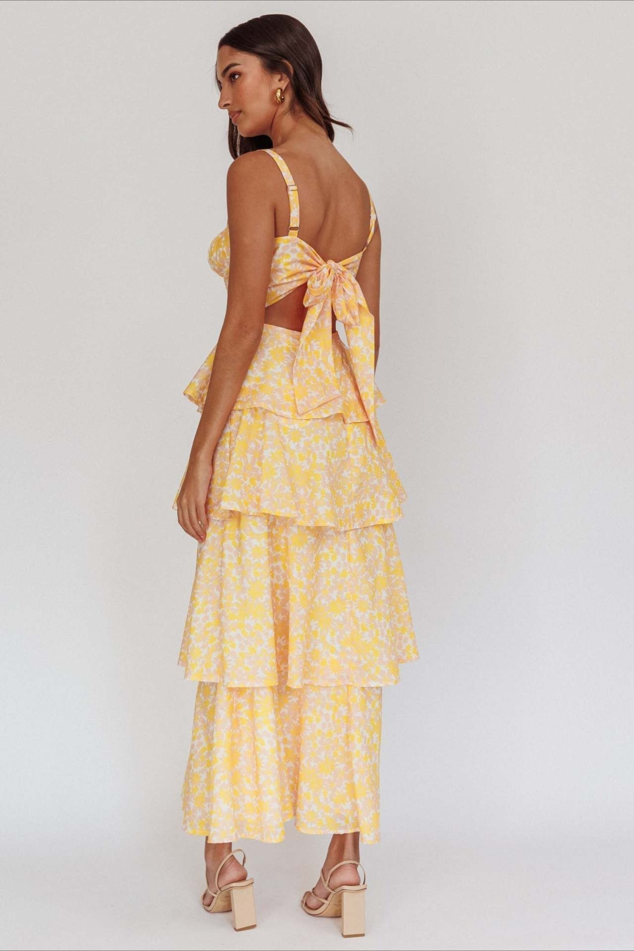 Bow Detail Printed Slim Party Floral Dress