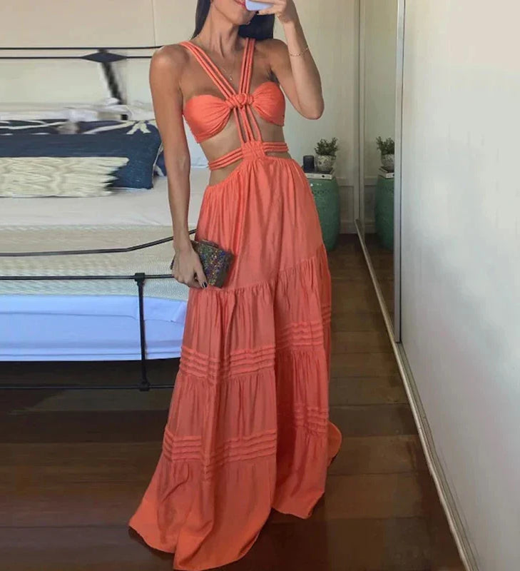 Pleated Strap Laceup Maxi Dress
