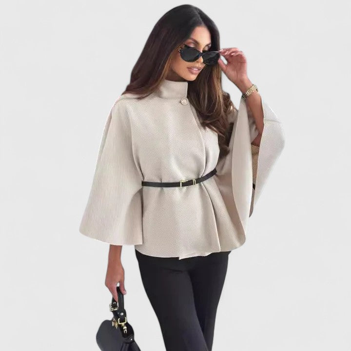 Stand Collar Belted Cape Sleeve Poncho Jacket