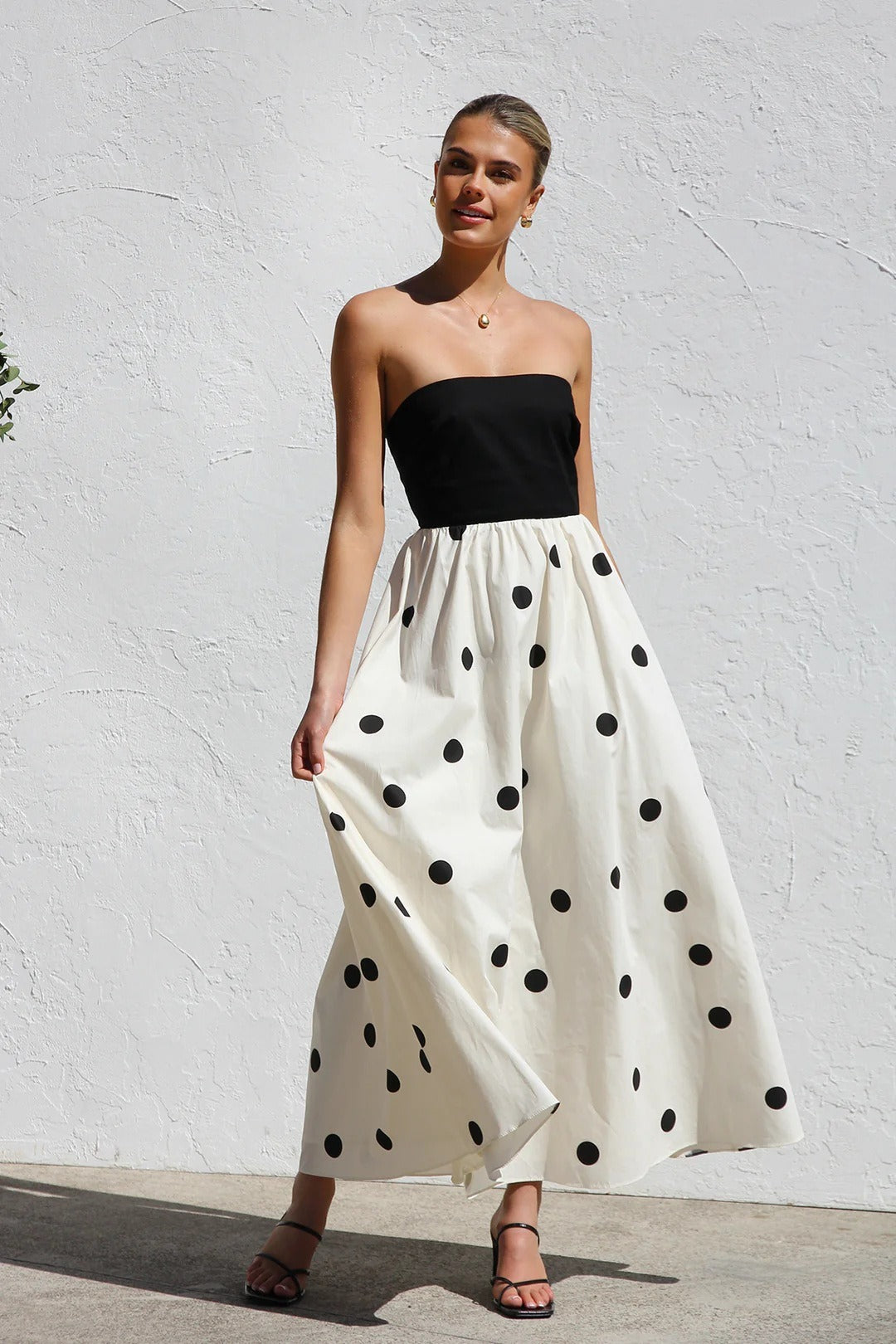 Black Polka Dot Print Strapless A-Line Maxi Dress 2