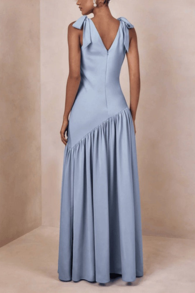 Elegant Bow Strap Fitted Flared Sleeveless Party Dress