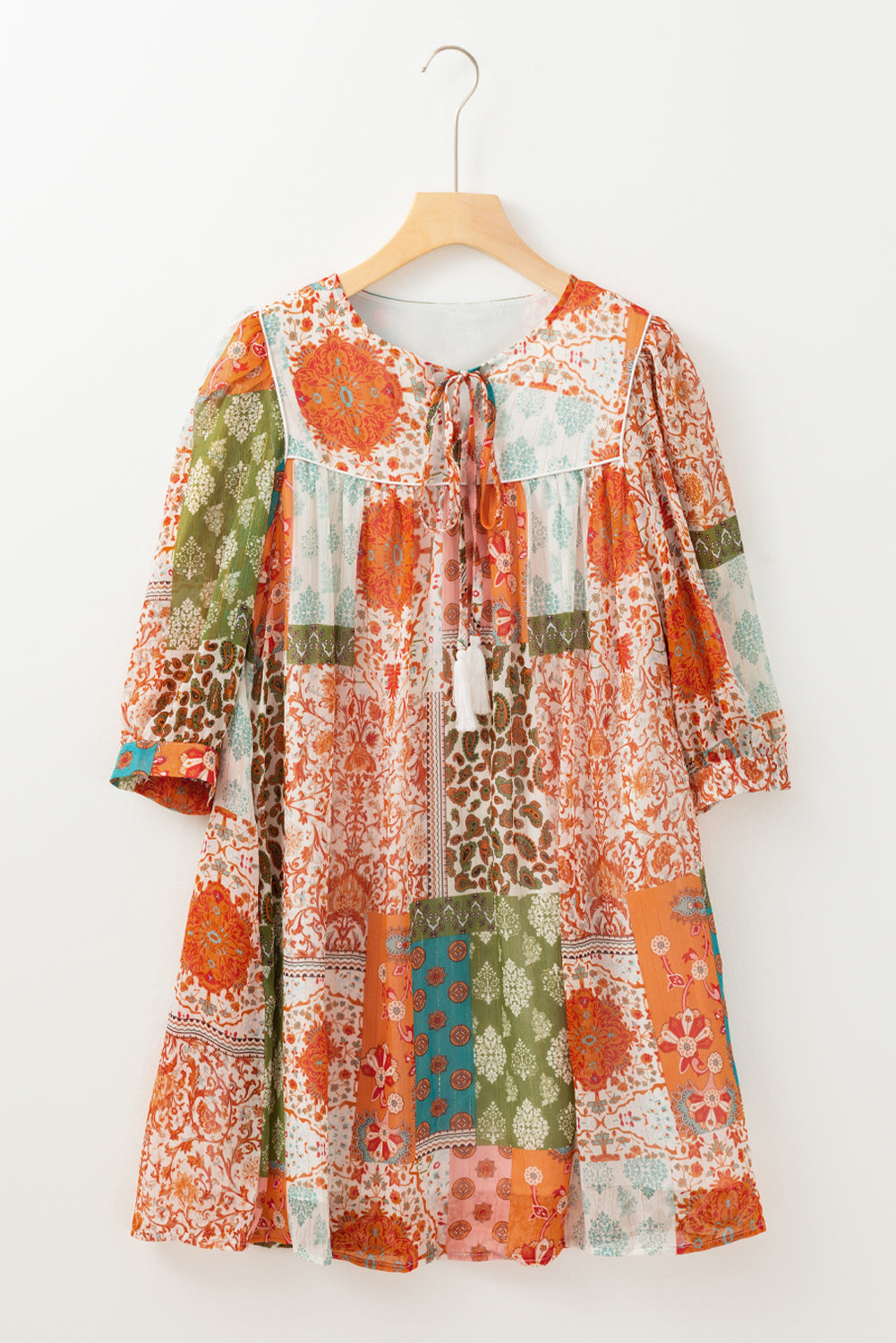 Orange Boho Paisley Mixed Print 3 4 Sleeve Chiffon Loose Dress