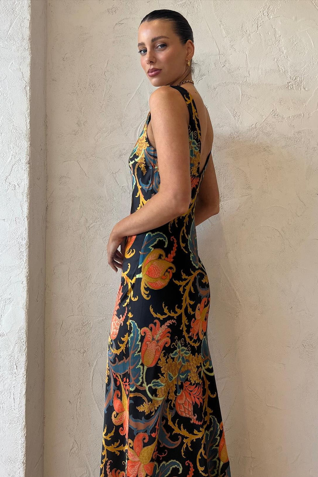 Satin VNeck Floral Maxi Silk Dress