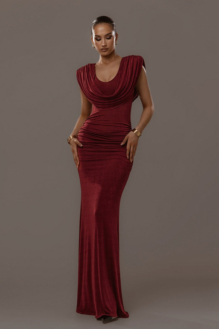 Solid Cowl Neck Ruched Waist Cinch Party Dress