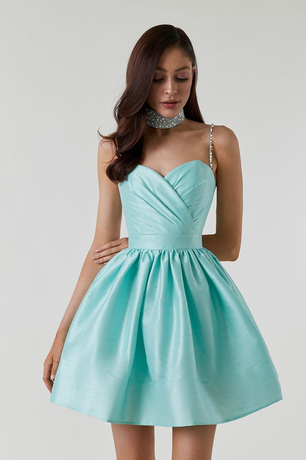 Ruched Crystal Rhinestone Mini Slip Dress