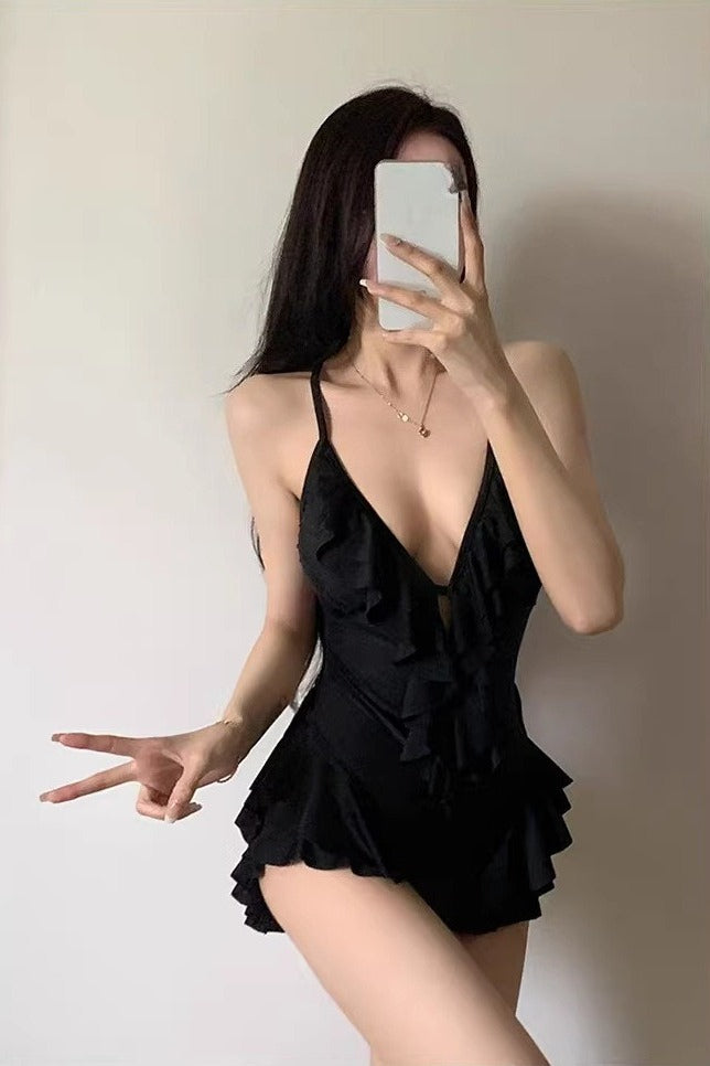Sexy Solid Backless Deep V Ruffled One Piece Swimwear
