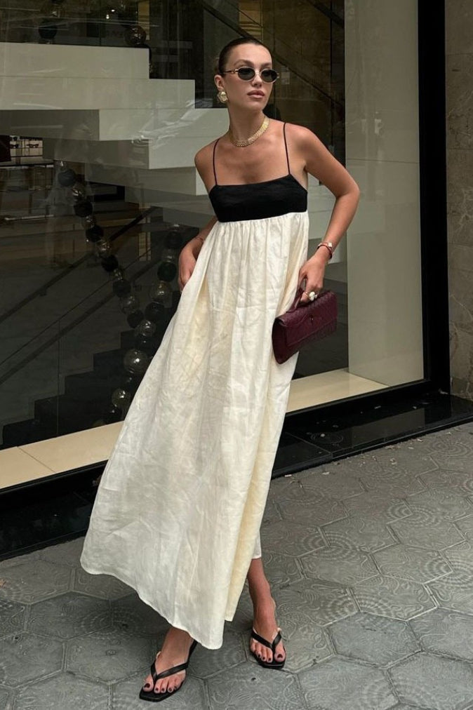 Beige Spaghetti Strap Square Neck Empire Waist Gathered Patchwork Maxi Dress 7