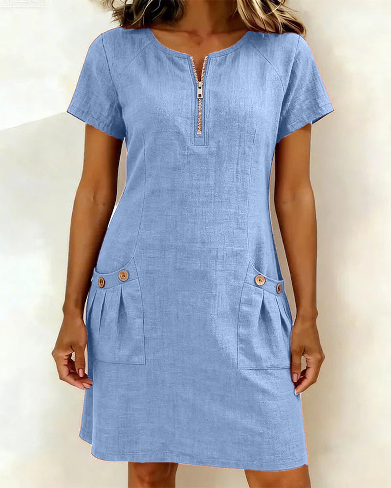Round Neck Zip Front Short Sleeve Pocket Shift Mini Dress 16