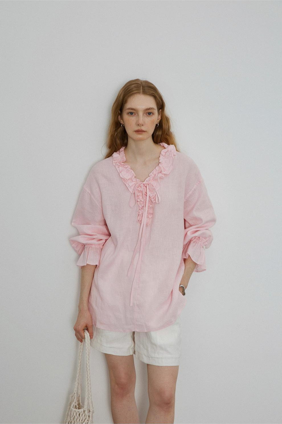 Linen Ruffle Tie Front Blouse