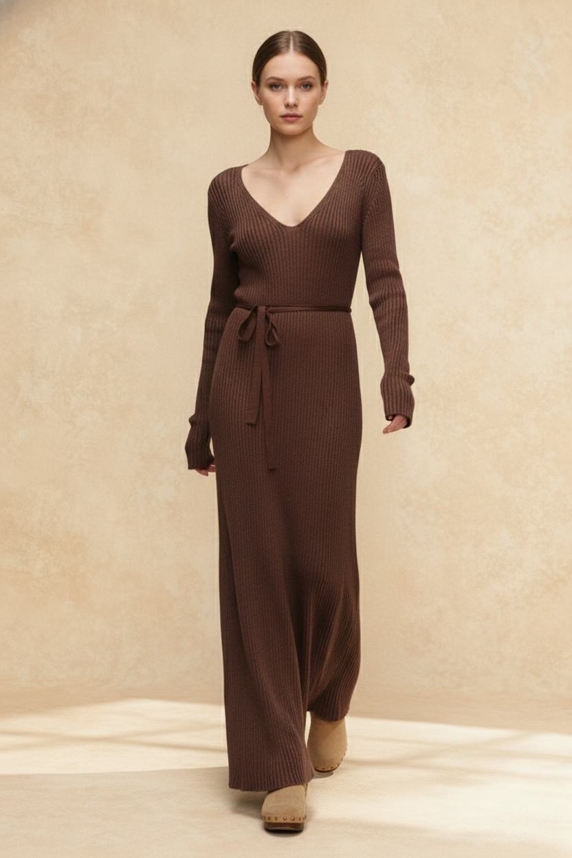 VNeck Long Sleeve Knit Sweater Dress