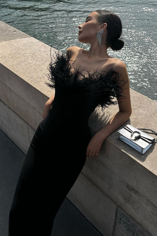 Ostrich Feather Deep V Bodycon Party Dress