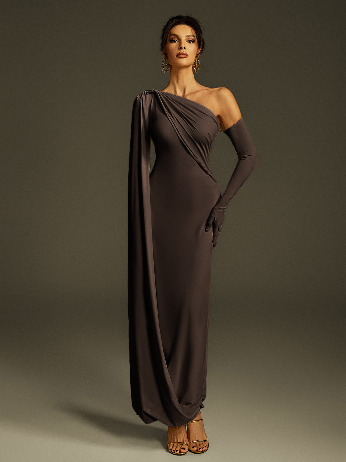 One Shoulder Draped Maxi Dress In Brown