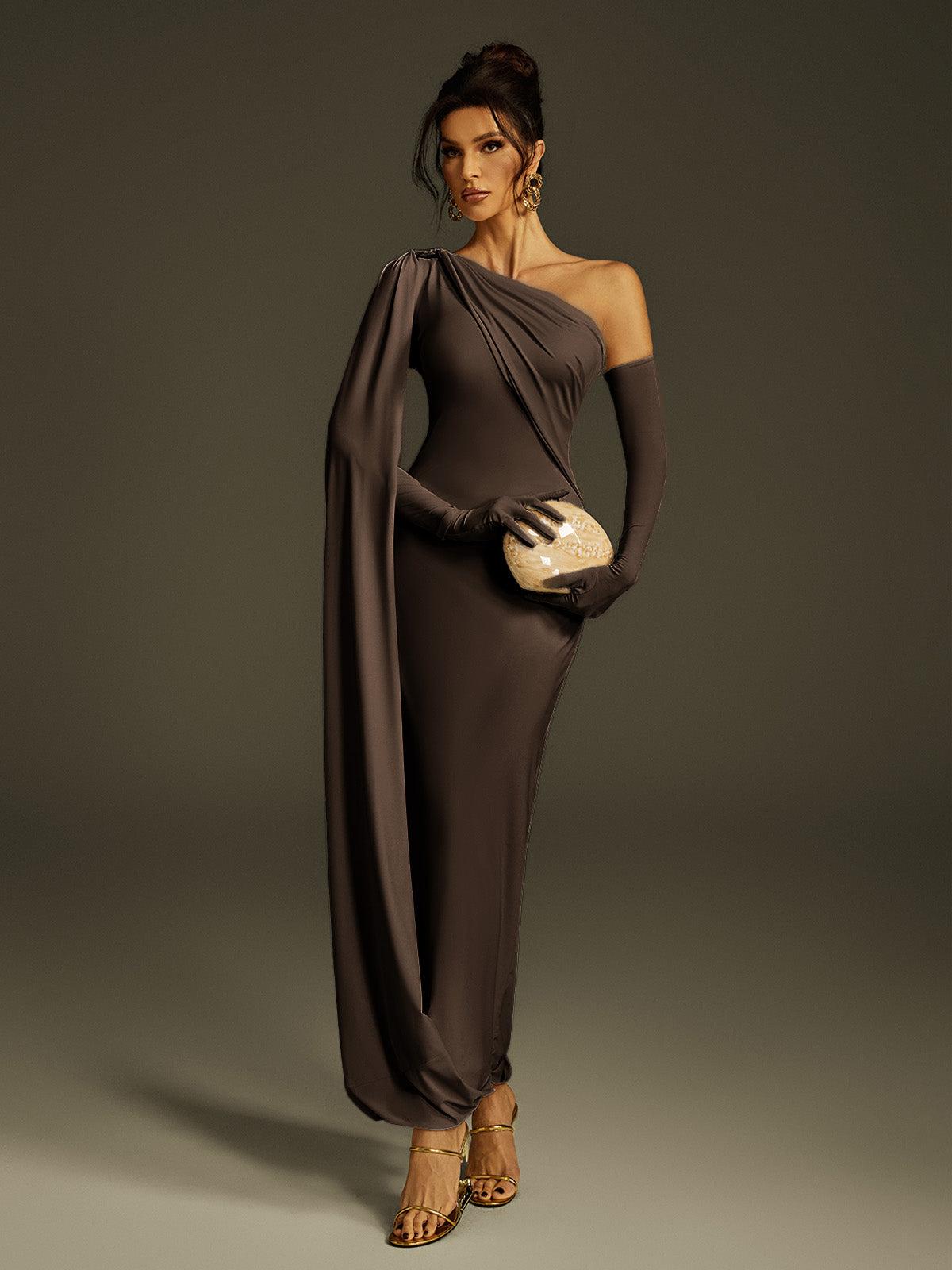 One Shoulder Draped Maxi Dress In Brown