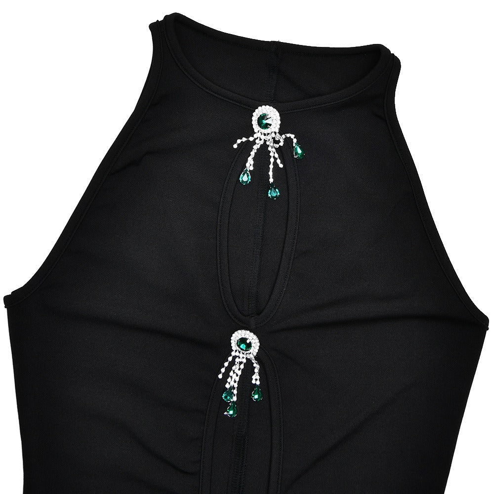 Black Mermaid Dress | Sleeveless High-Waist Evening Dress with Jewel Embellishments