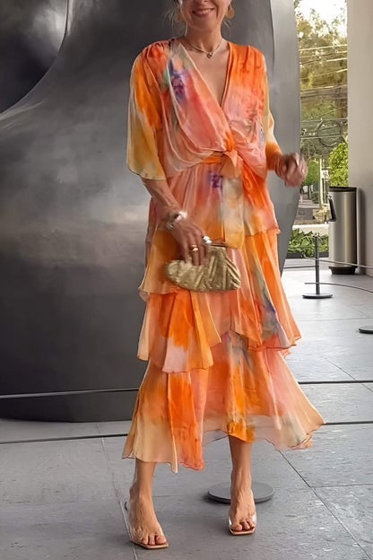 V-Neck Flutter Sleeve Watercolor Floral Tie Waist Tiered Maxi Dress
