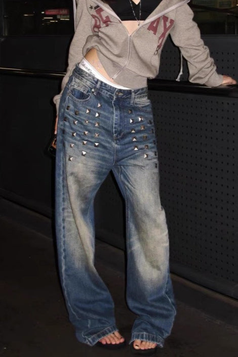 Studded Washed Wide Leg Jeans