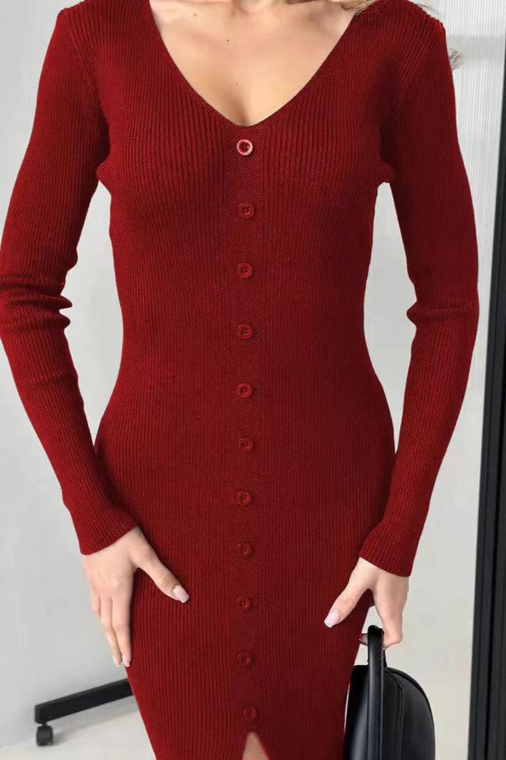 VNeck Buttoned Split Fitted Bodycon Midi Knit Sweater Dress