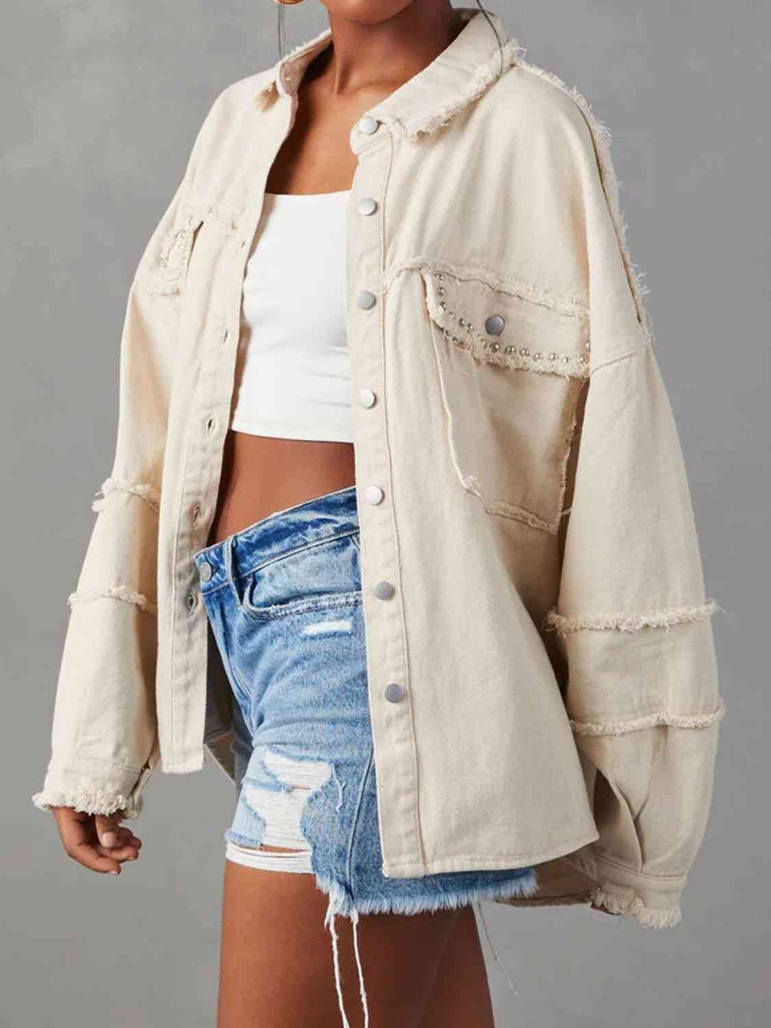 Button Down Raw Hem Denim Long Sleeve Top Jacket Ivory clothes denim shirt denim shirts long sleeve long sleeve shirt long sleeve shirts long sleeve top long sleeve tops Ship From Overseas Y.Y@Denim