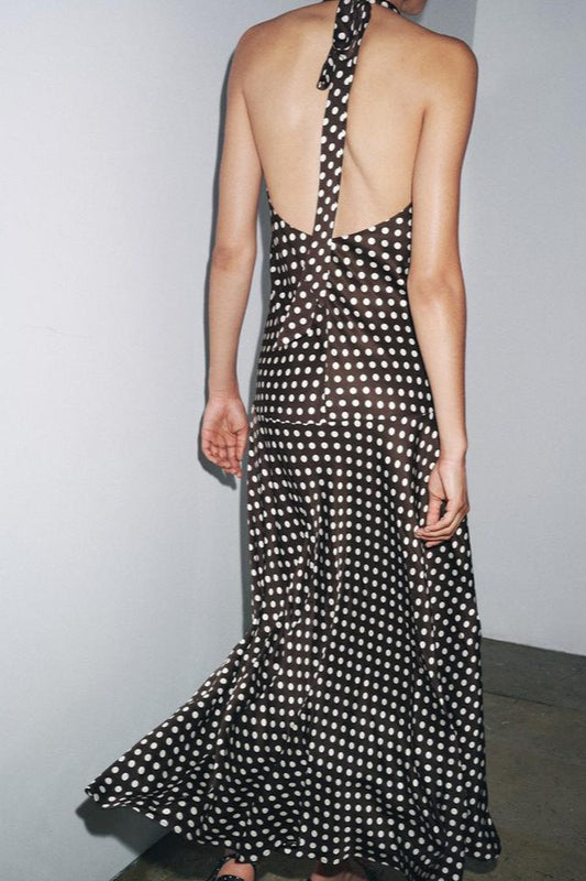 Brown Polka Dot Halter Neck Maxi Dress 4
