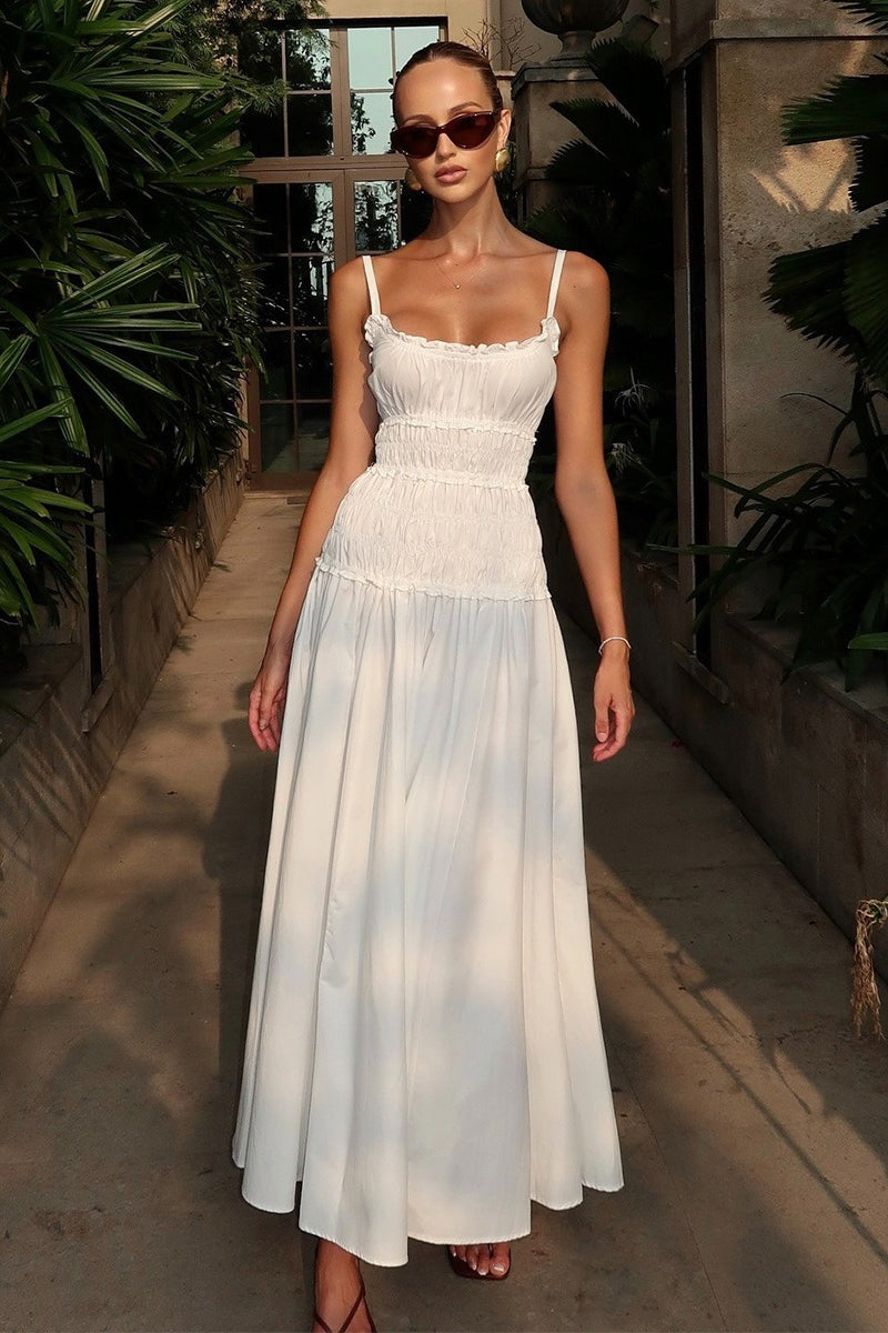 Solid Cotton Ruched Long Sleeveless Slip Dress