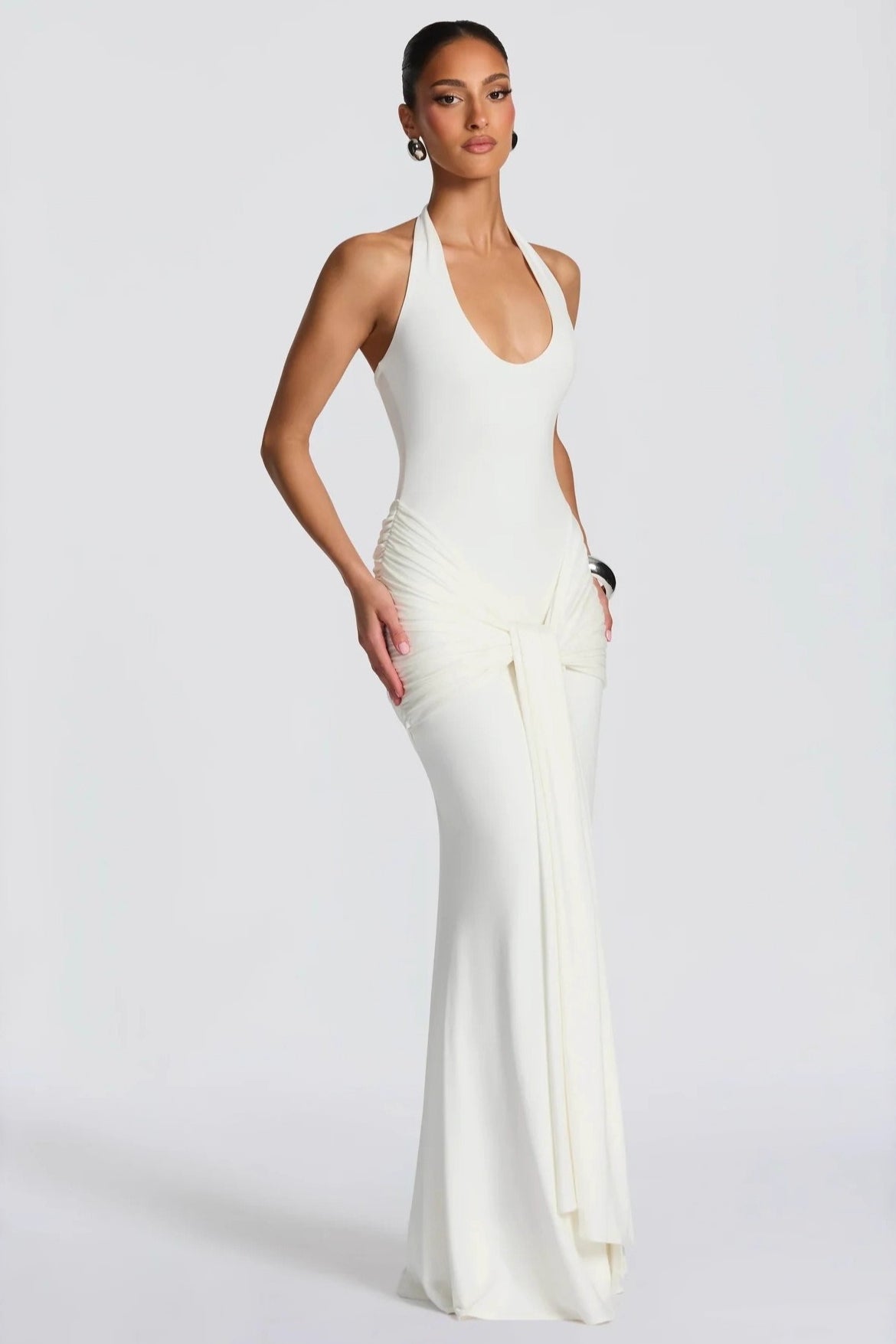 U Neck Halter Sash Panel Bodycon Party Dress