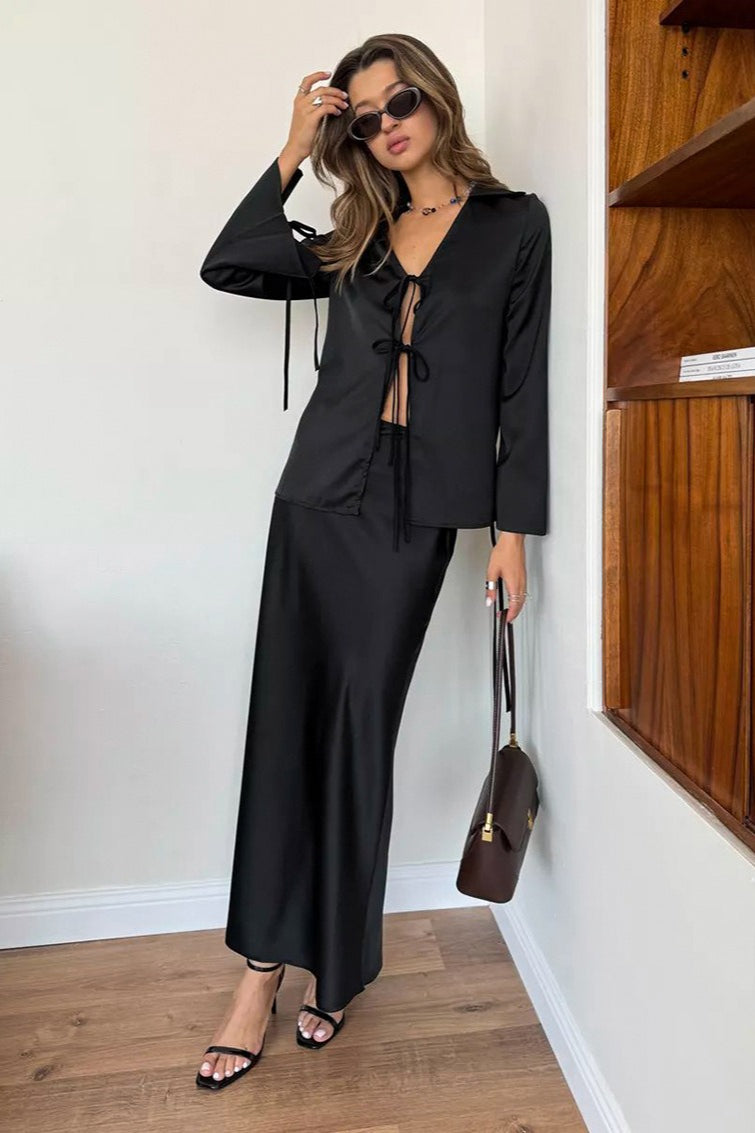 V Neck Tie Front Satin Top Maxi Skirt Set