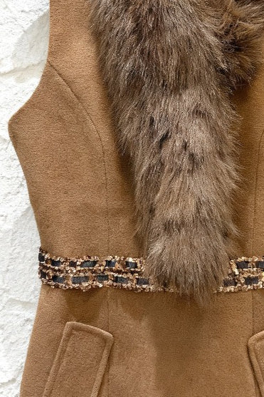 Brown Faux Fur Sleeveless Embellished Midi Dress 5