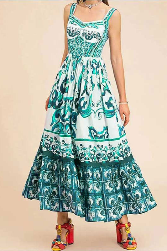 Wide Strap Sweetheart Baroque Print Tiered Ruffle Maxi Dress 7