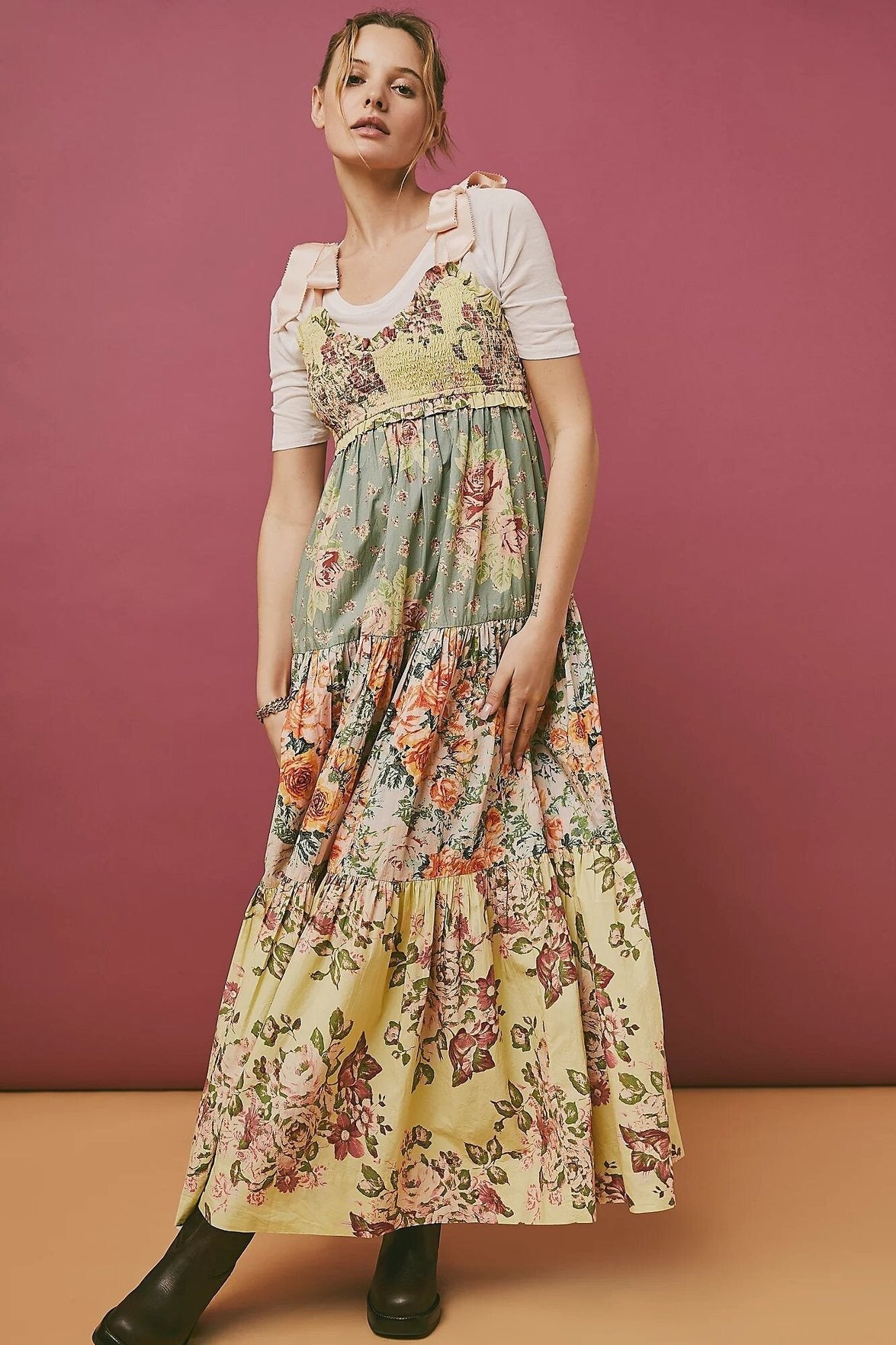 Smocked Sweetheart Bow Shoulder Strap Patchwork Floral Tiered Maxi Dress 4