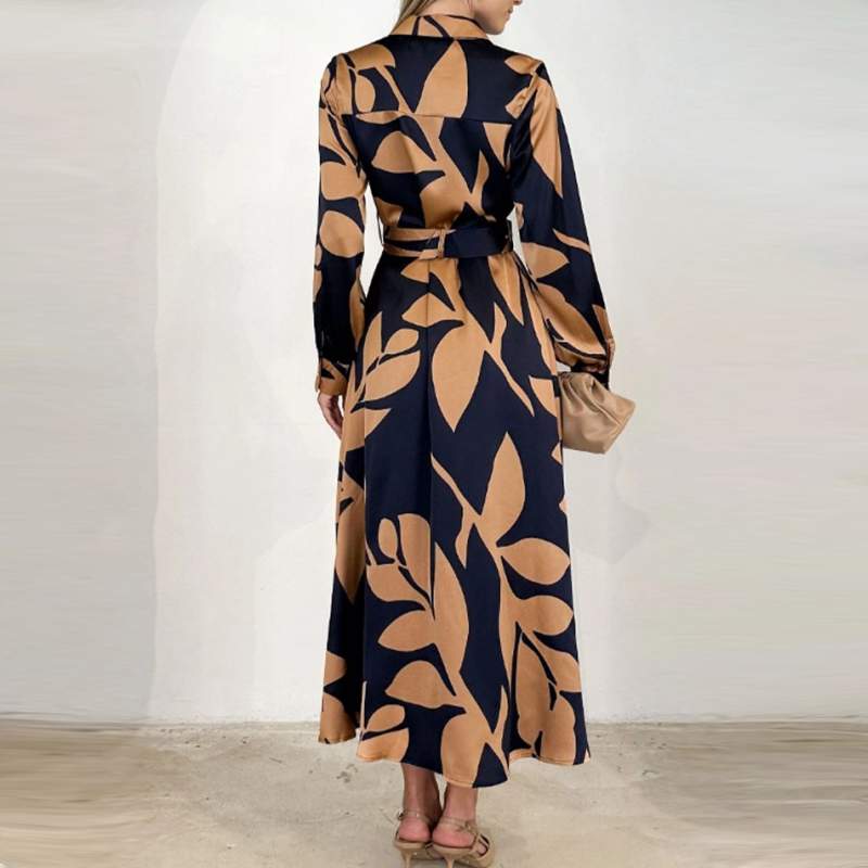 Collared Button Front Long Sleeve Leaf Print Belted Shirt Maxi Dress