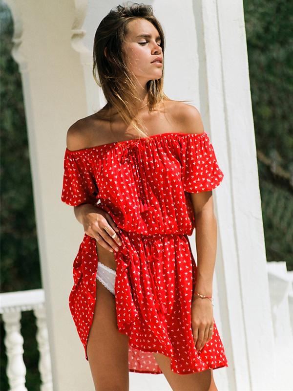 Summer Floral Printed Off-The-Shoulder Short Sleeves Mini Dress - Red Dresses