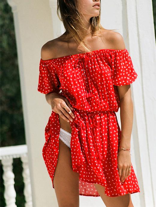 Summer Floral Printed Off-The-Shoulder Short Sleeves Mini Dress - Red