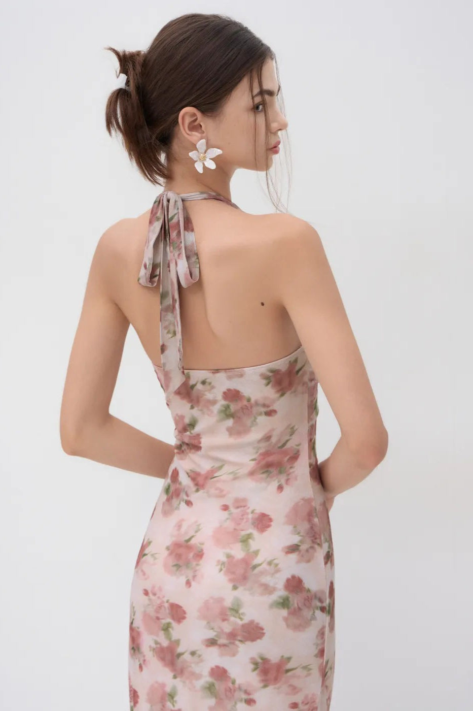 Luxury Halter Lace Trim Irregular Mermaid Long Floral Dress
