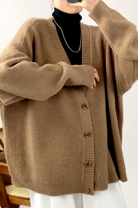 Brown Oversized Button Front Ribbed Knit Cardigan