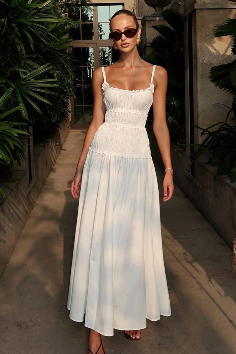White Smocked Cotton Maxi Slip Dress