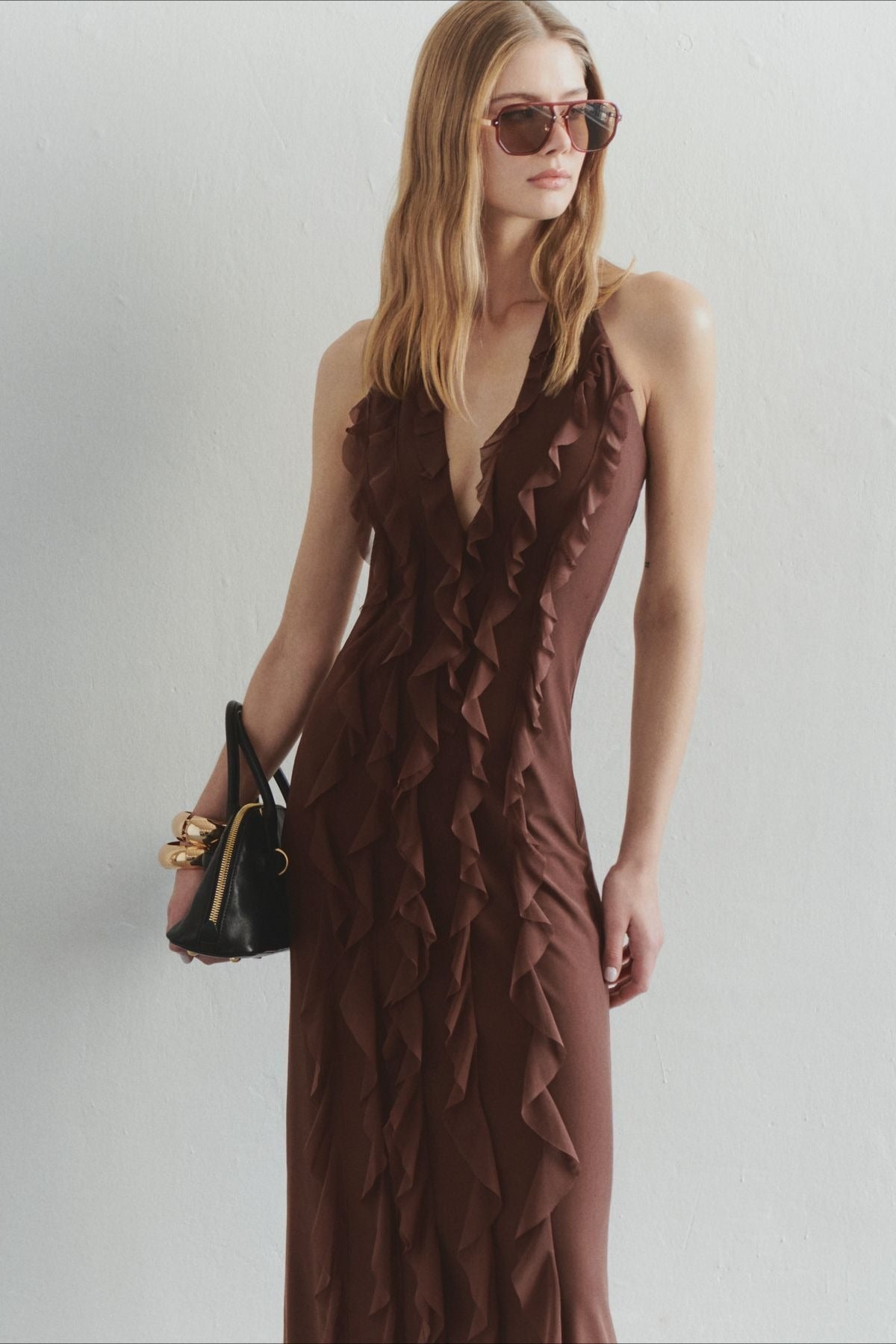 Solid  Halter Deep V Back Lace Detail Long Prom Dress