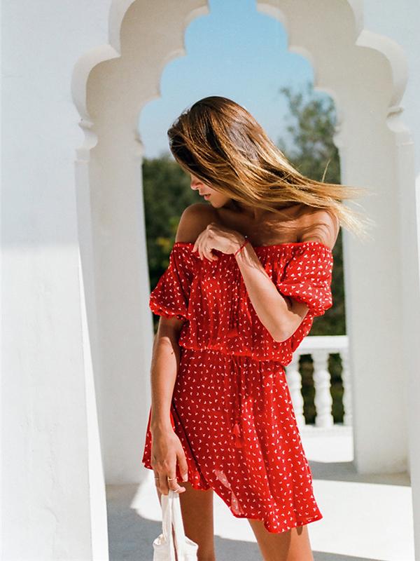 Summer Floral Printed Off-The-Shoulder Short Sleeves Mini Dress - Red