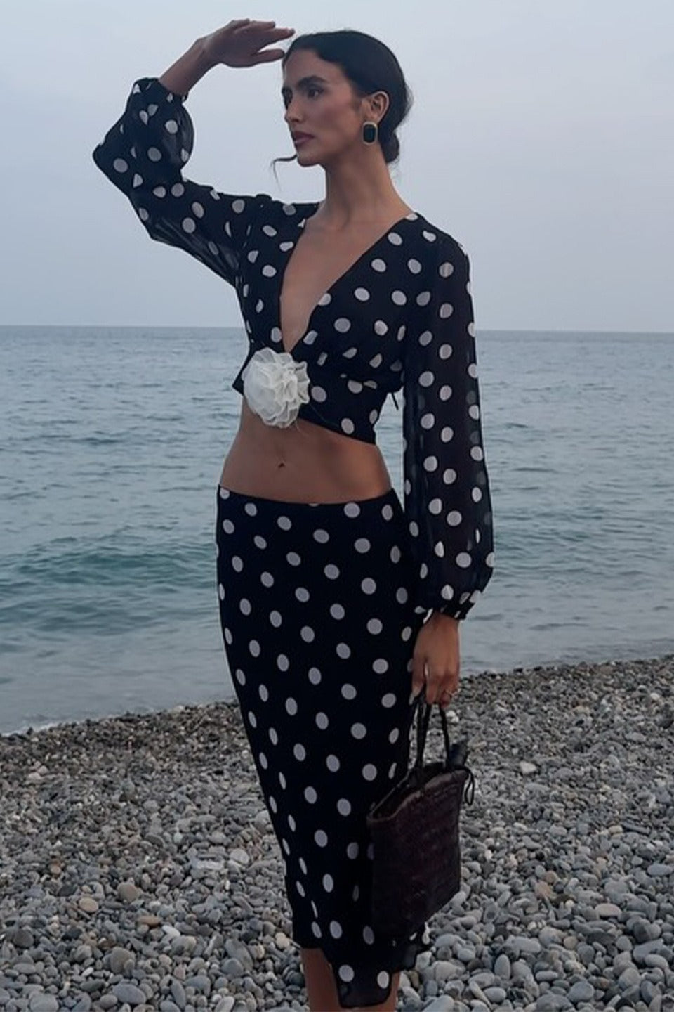 Polka Dot VNeck Crop Skirt Two Pieces Set