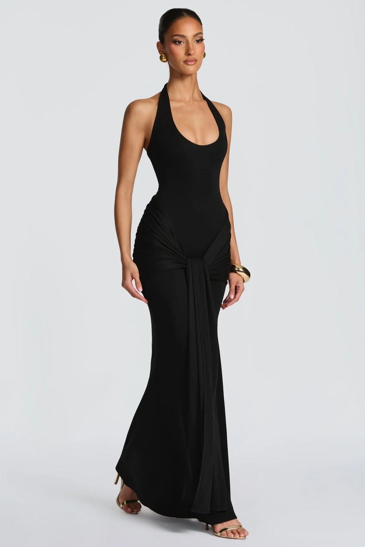 U Neck Halter Sash Panel Bodycon Party Dress