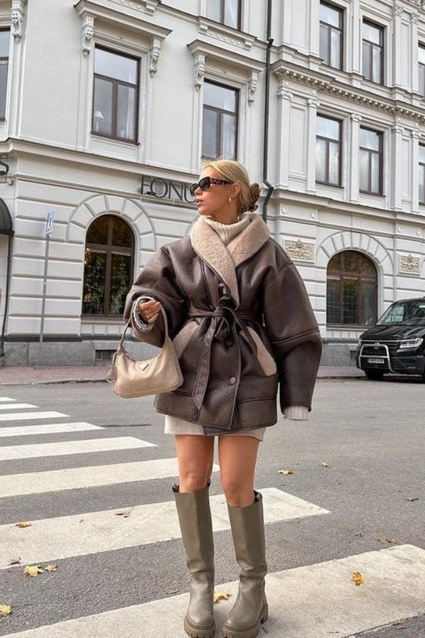 Faux Fur Collar Leather Coat