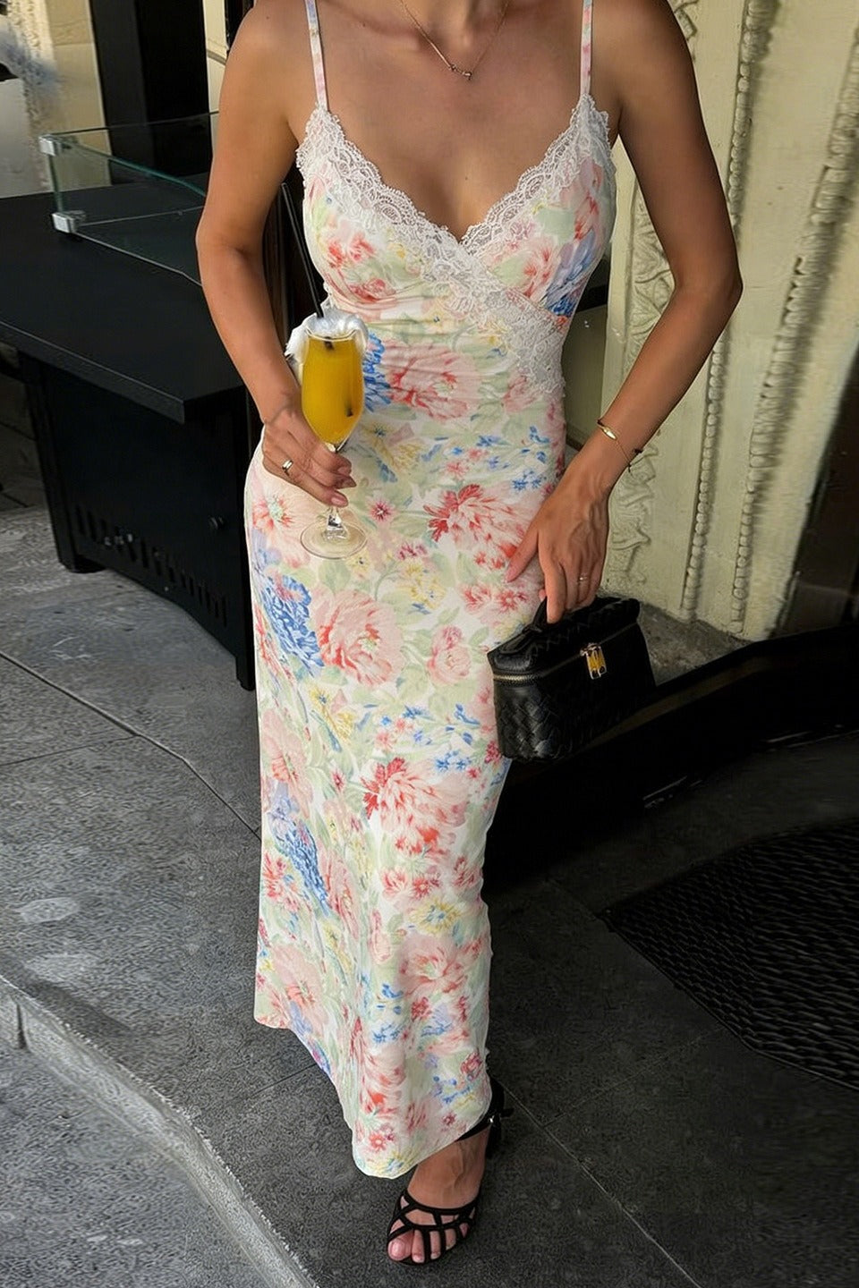 V Neck Lace Trim Floral Vacation Maxi Slip Dress