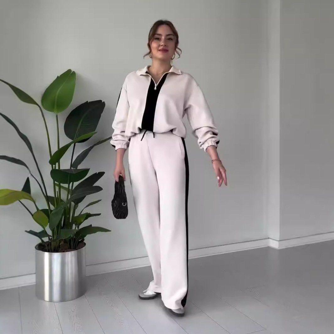 Zipper Lapel Tops & Pants 2-Piece Set